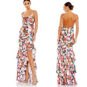 Mac Duggal Floral Print Asymmetrical Ruffle Hem Gown In Multi 68075 Size 14 New